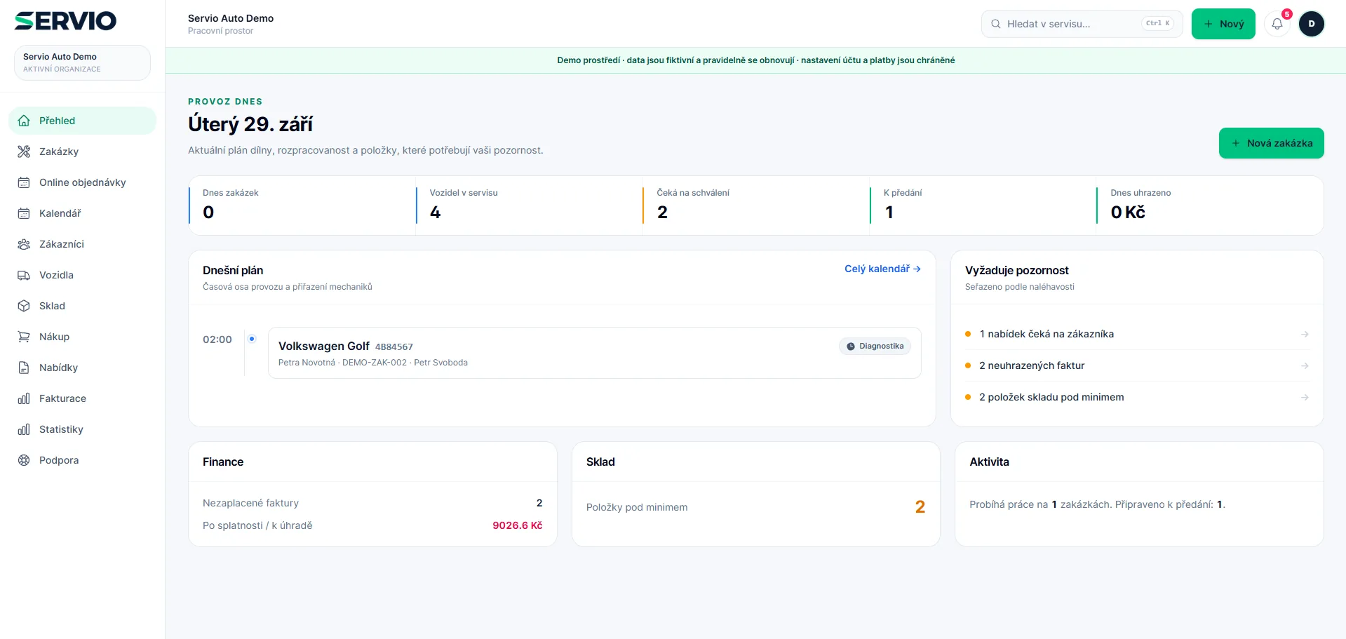 Skutečný dashboard aplikace Servio